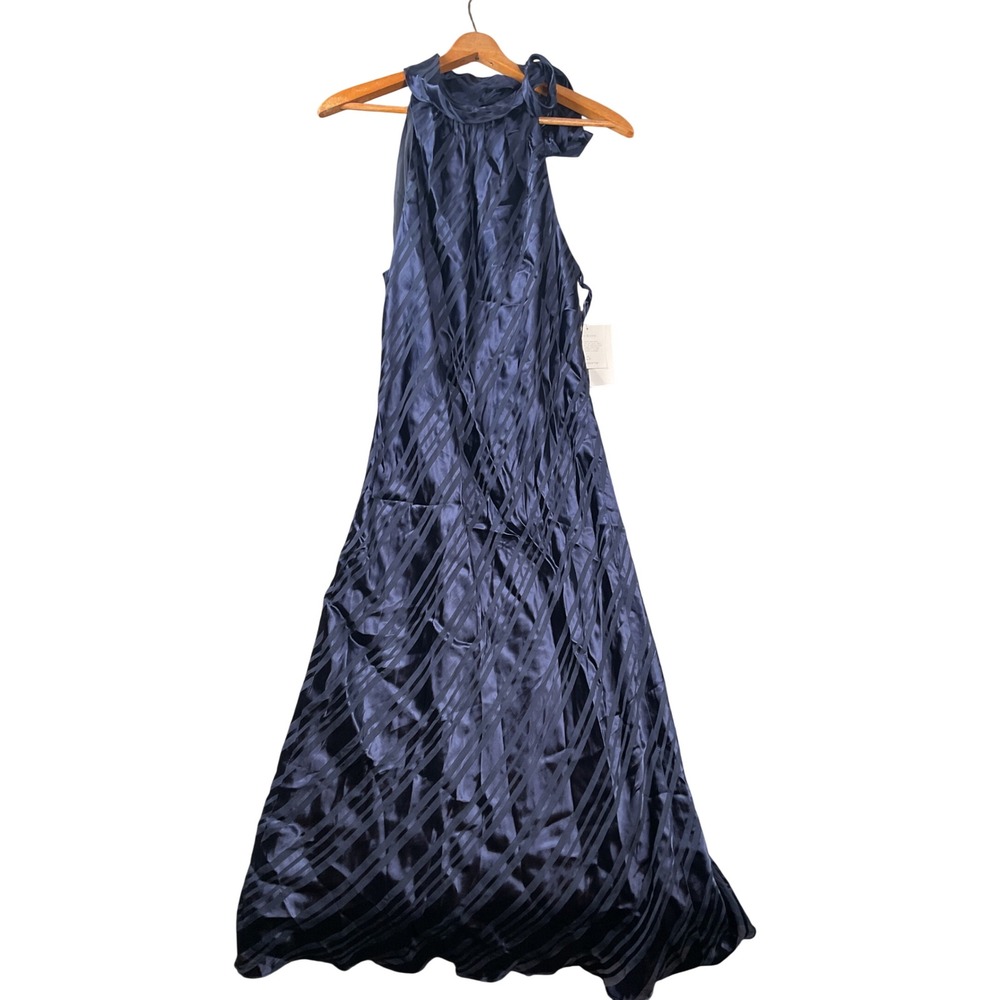 Liz Claiborne Maxi Dress Womens 12 Navy Blue Silk Blend Halter Neck Tie 6136023